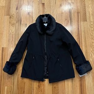 NEW Preston & York Coat Women Black Coat w/Faux Fur Trim collar sz L